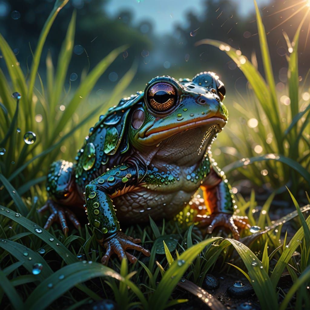 Fantasy Toadlet in Dew-Kissed Grass, Oil Painting