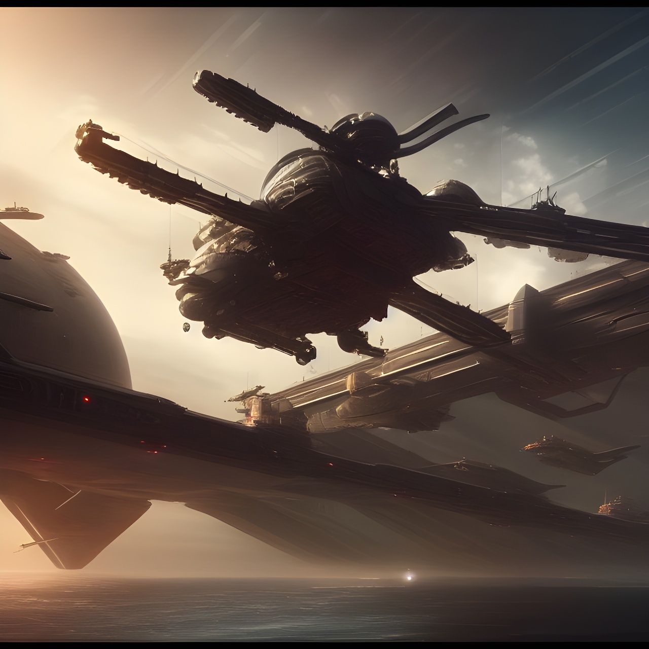 Armored Space Helicopter Docks in Epic Sci-Fi Scene