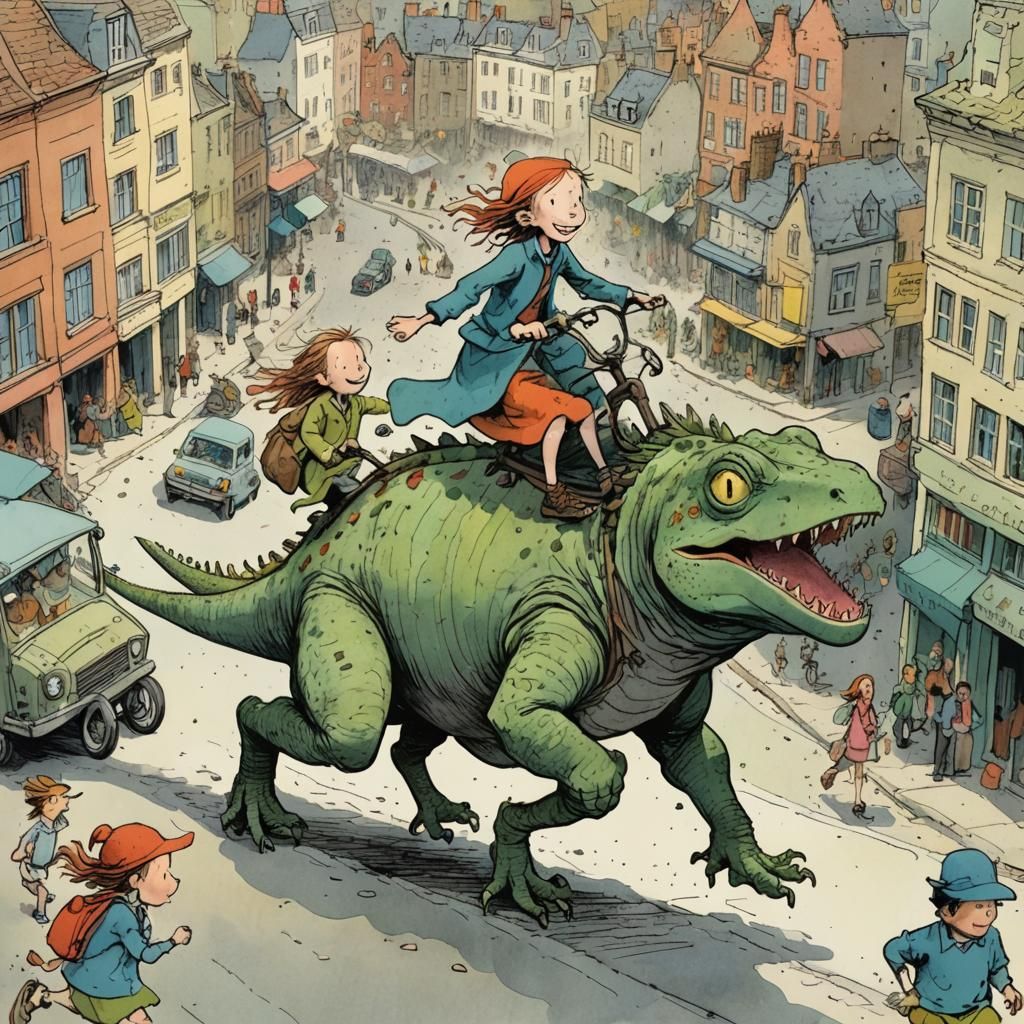 Girl Rides Lizard Through City, Illustrated Style
