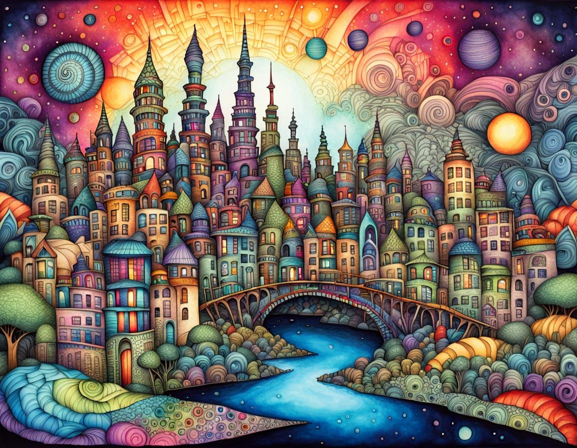 Vibrant Cosmic Zentangle Metropolis