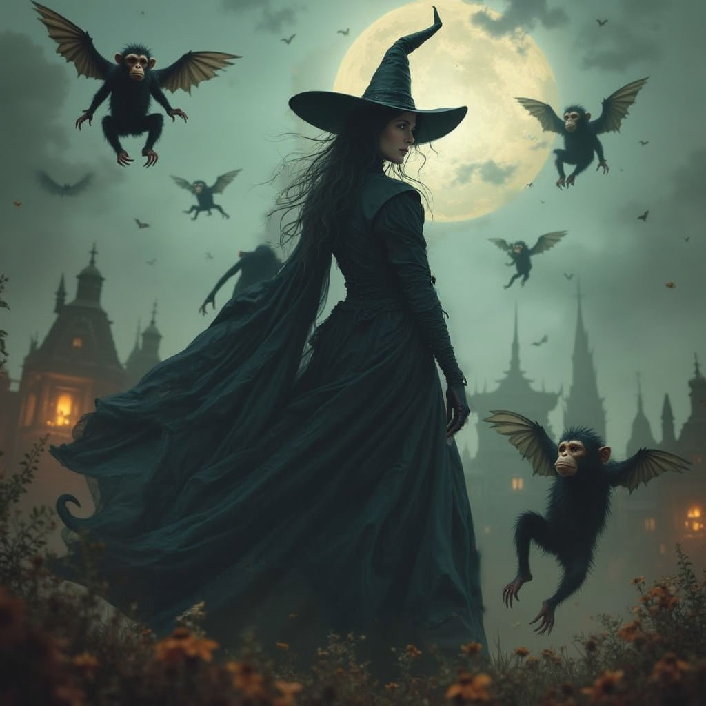 The Wicked Witch and Her Army of Flying Monkeys in a Dark Fa...