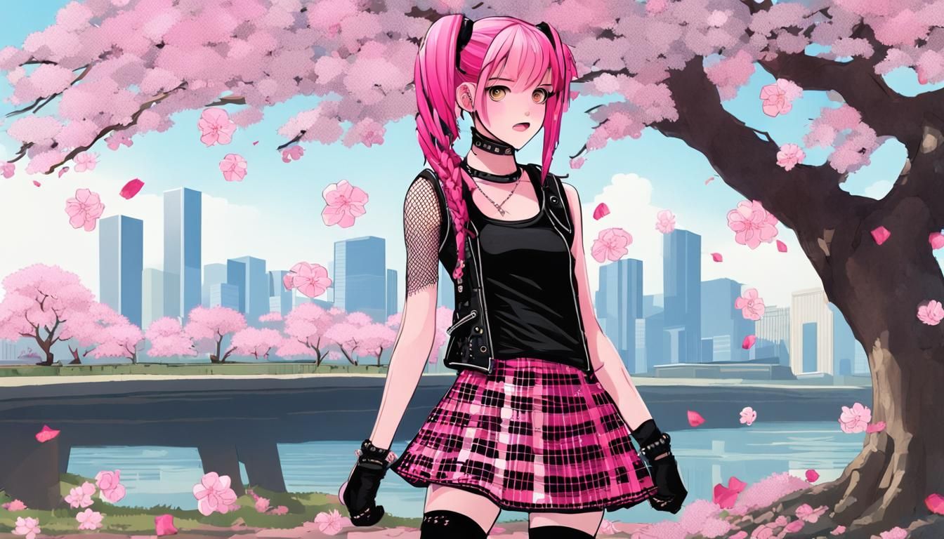 Punk Girl with Cherry Blossoms, Anime Style