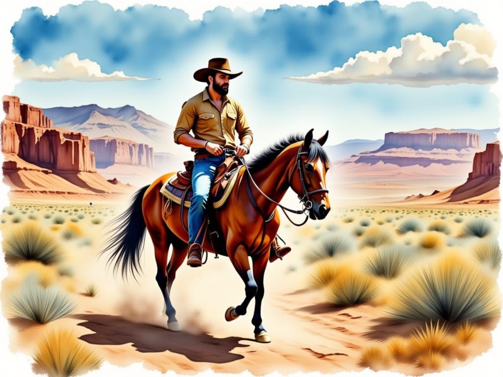 Impressionistic Watercolor of Horse Rider in Desert Canyon