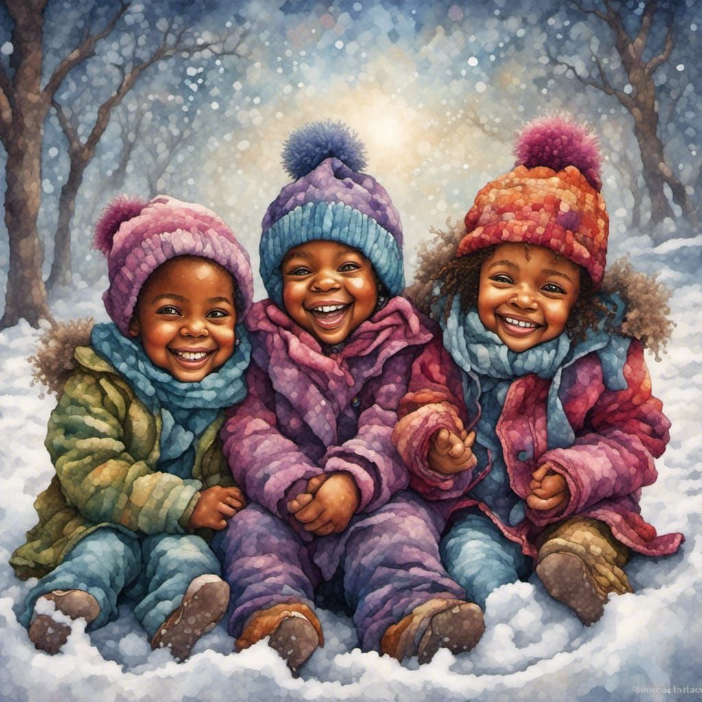Toddlers Play in Snow in Tapestry Style