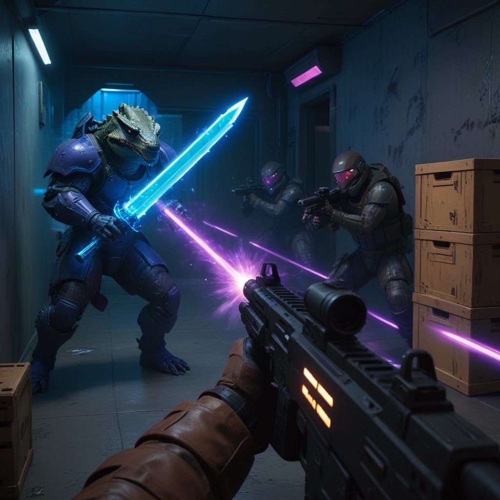 First Person Sci-Fi Shooter: Plasma Weapon vs Lizardman