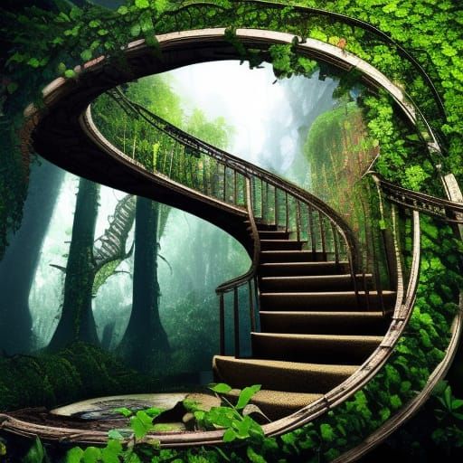 Vined Spiral Staircase in Dark Fantasy, Detailed Digital Art