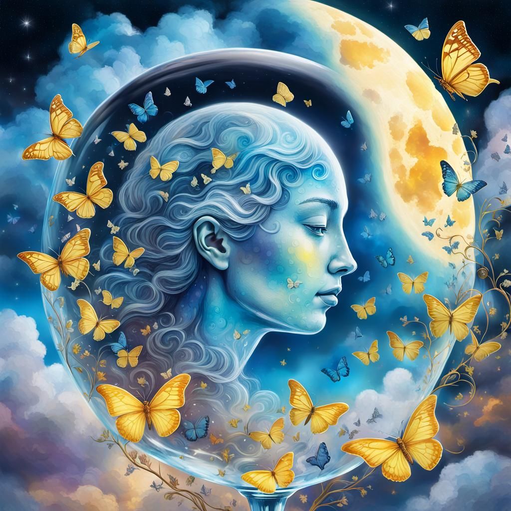 Astral Moon Above Wine Glass, Mixed Media Illustration