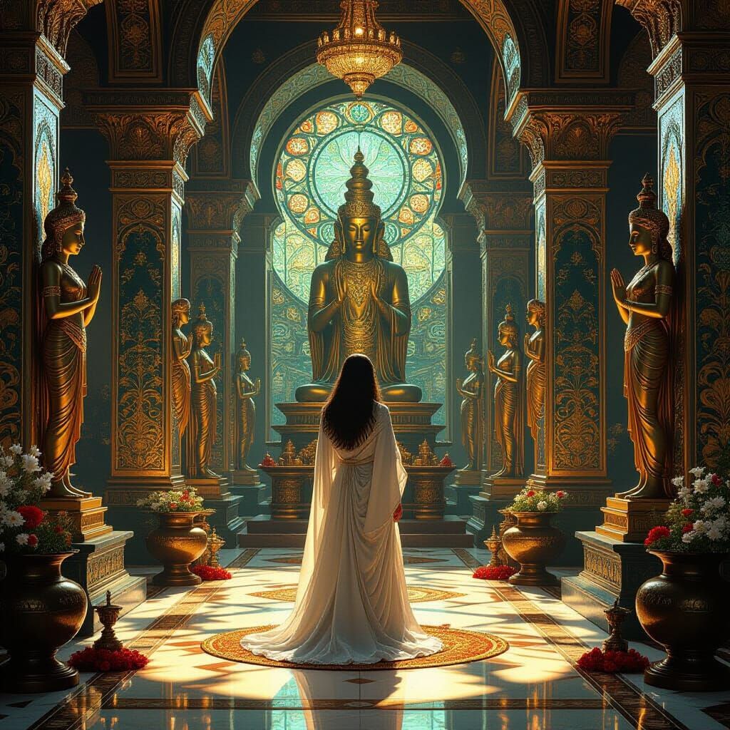Serene Priestess in Jeweled Temple Interior