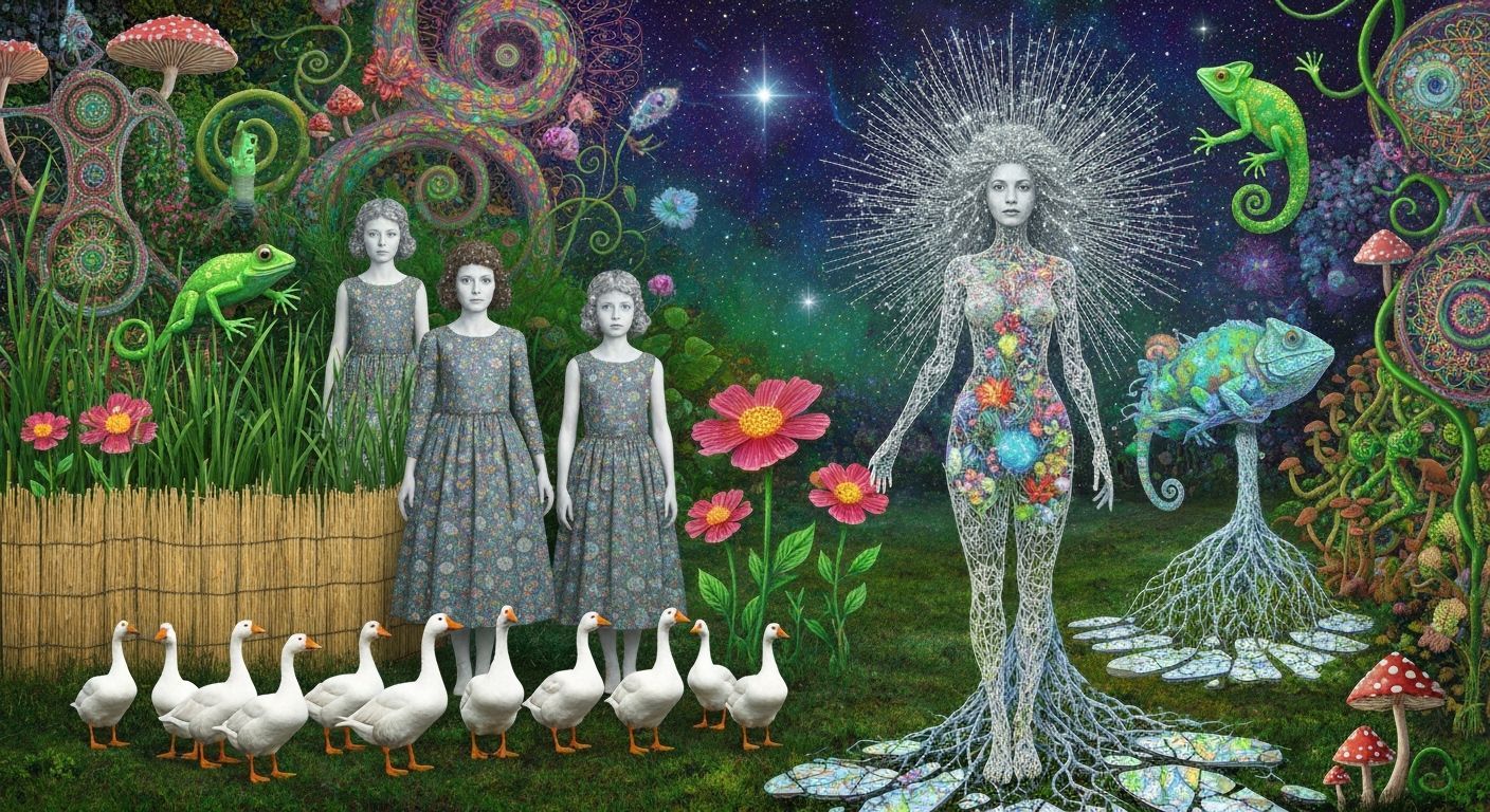 Folkloric Robot with Twins in Surreal Eco-Art Garden