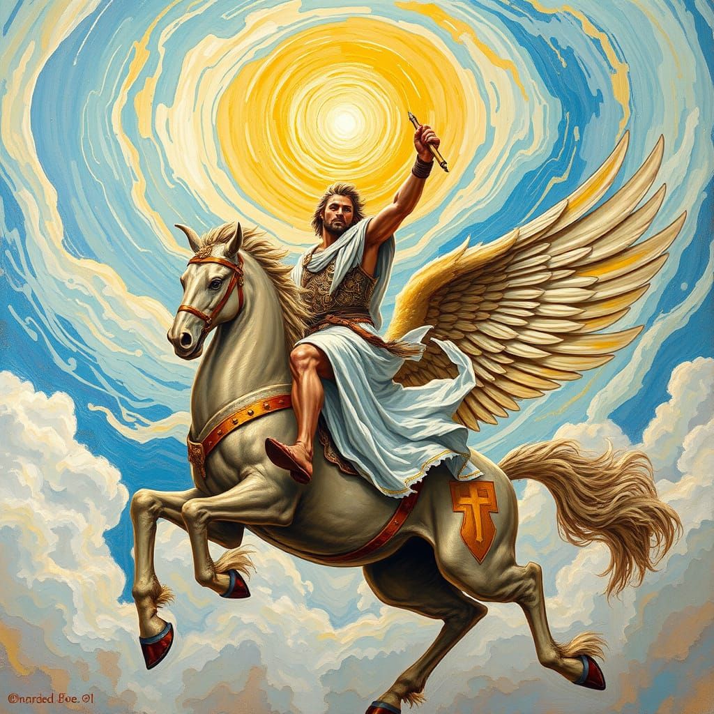 Ancient Greek Warrior on Pegasus in Neo-Expressionist Oil Pa...