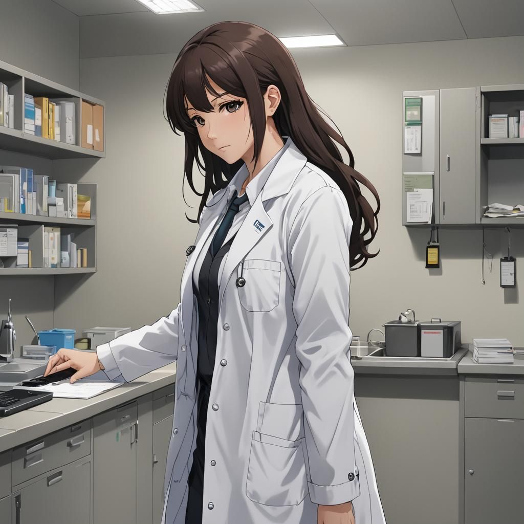 Anime Style Brunette in Lab Coat