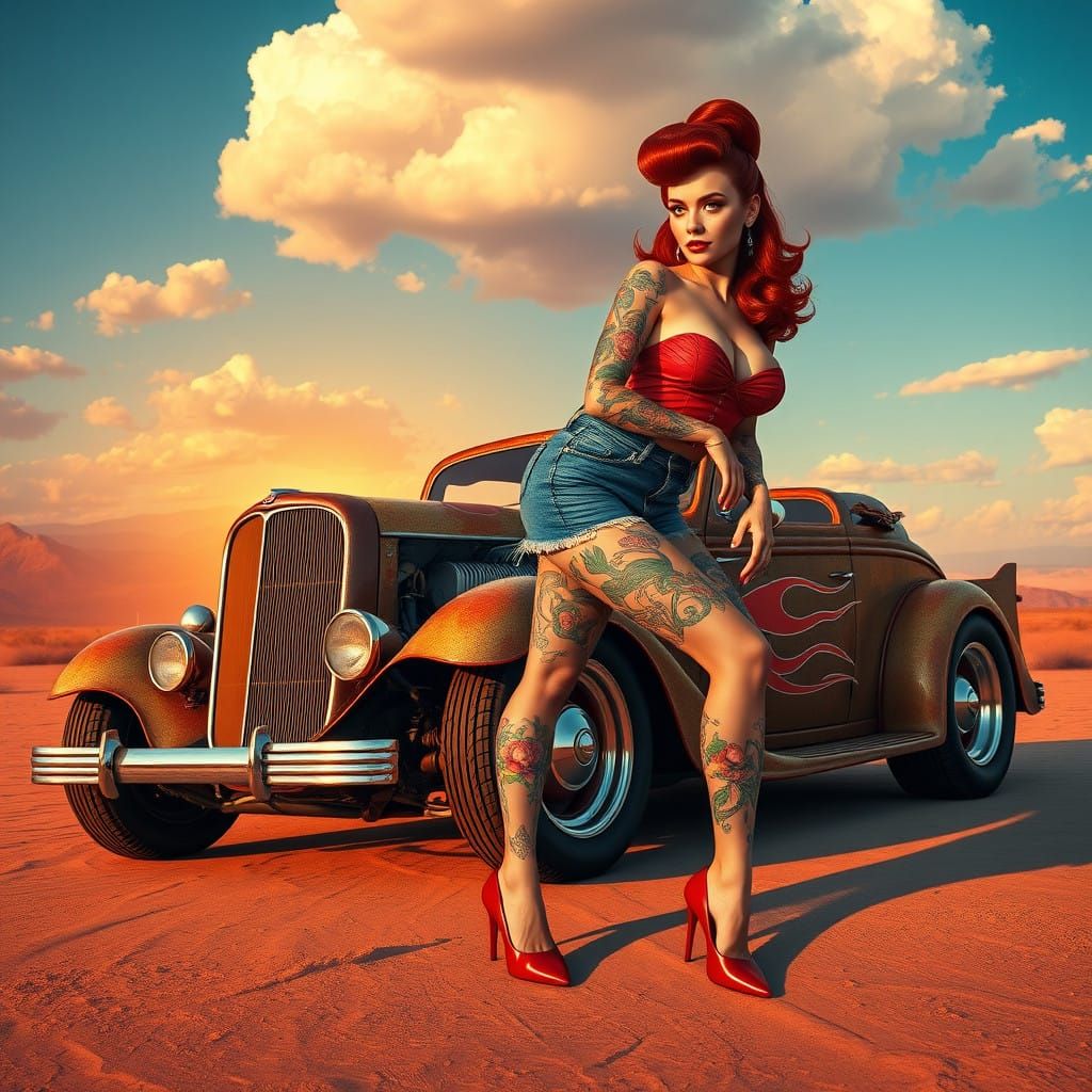 Rockabilly Goddess Leans on Chrome Hot Rod