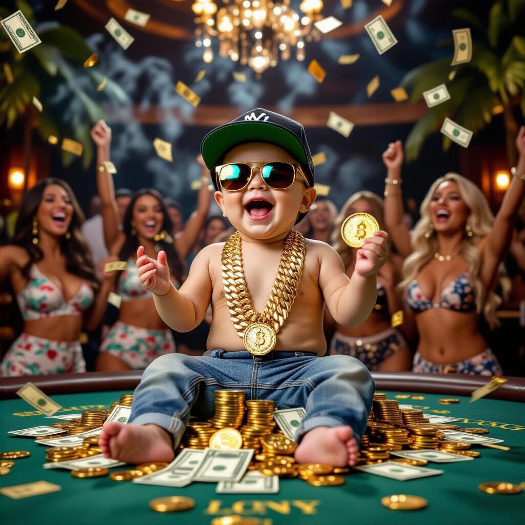 Joyful Baby Boy on Cash and Gold in Comic Book Style