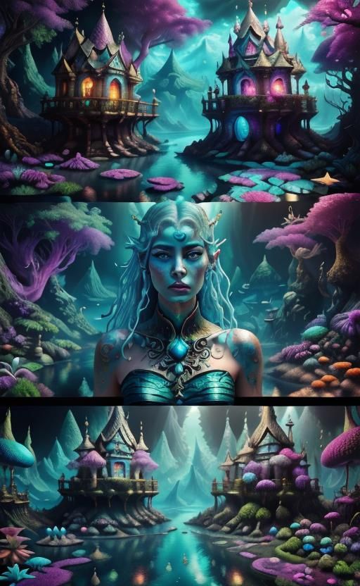 Blue Sea Witch Magical Garden Portal in Digital Art