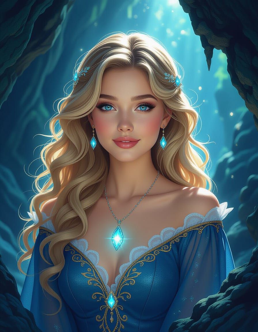 Bioluminescent Sapphire Pin-Up in Mystical Cave