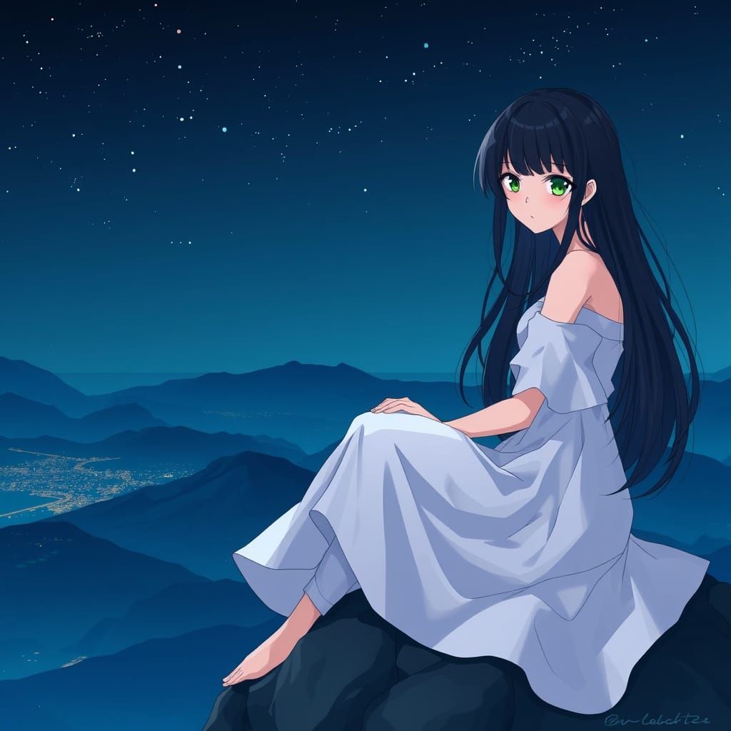 Anime Woman in White Dress on Mountain