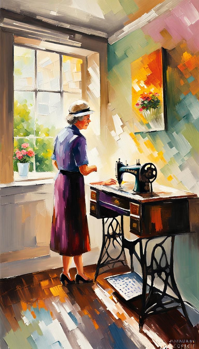 Grandmother Sewing, Impasto Acrylic Painting