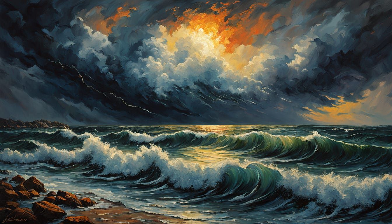 Impressionistic Oil Painting of Nature's Symphony Over Storm...