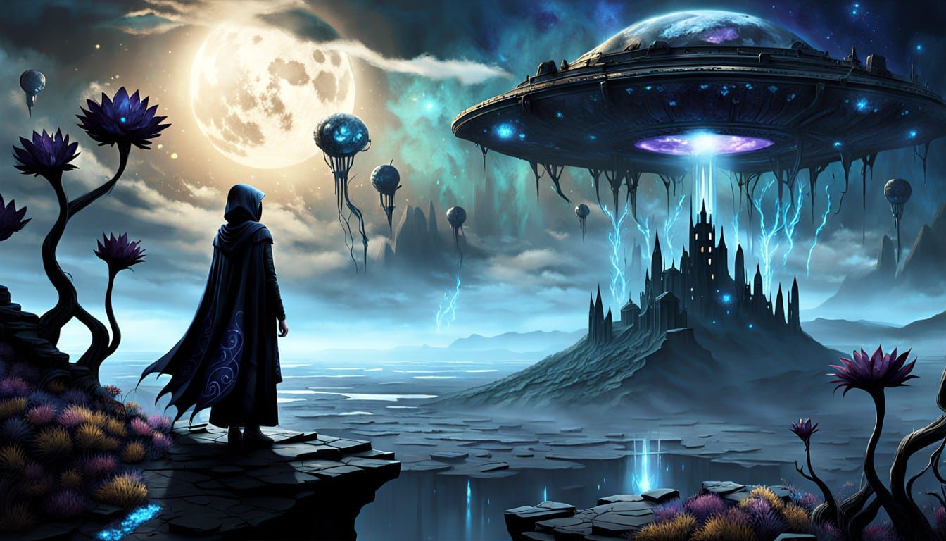 Woman Overlooking Alien Landscape in Dark Fantasy Style