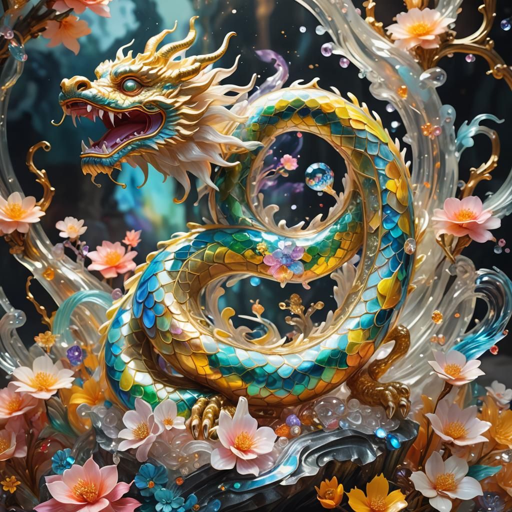 Glass Dragon and Snake: Vibrant Oil Painting