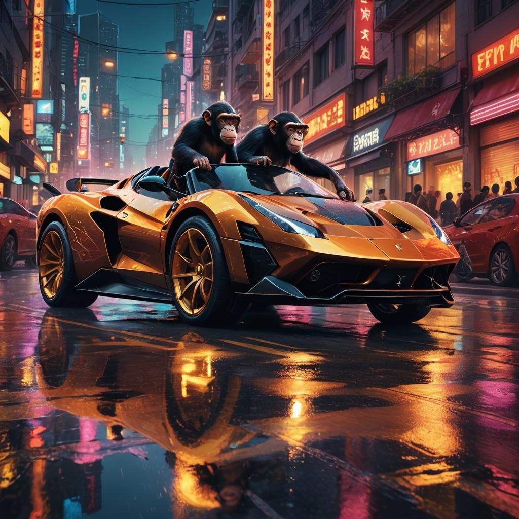 Chimpanzee Drives Ferrari in Neon Cityscape