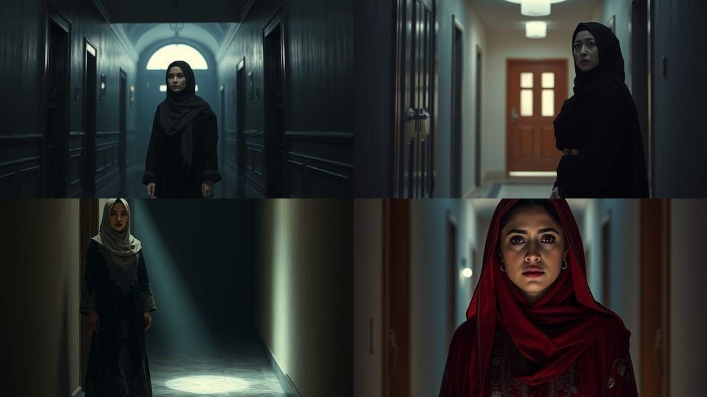 Woman in Abaya Contemplates the Darkness of a New Home