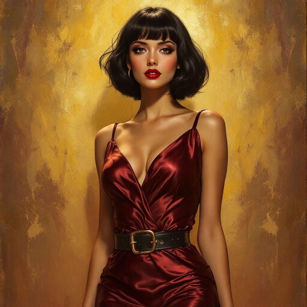 Pin-Up Woman in Metallic Dress: Impressionist Painting