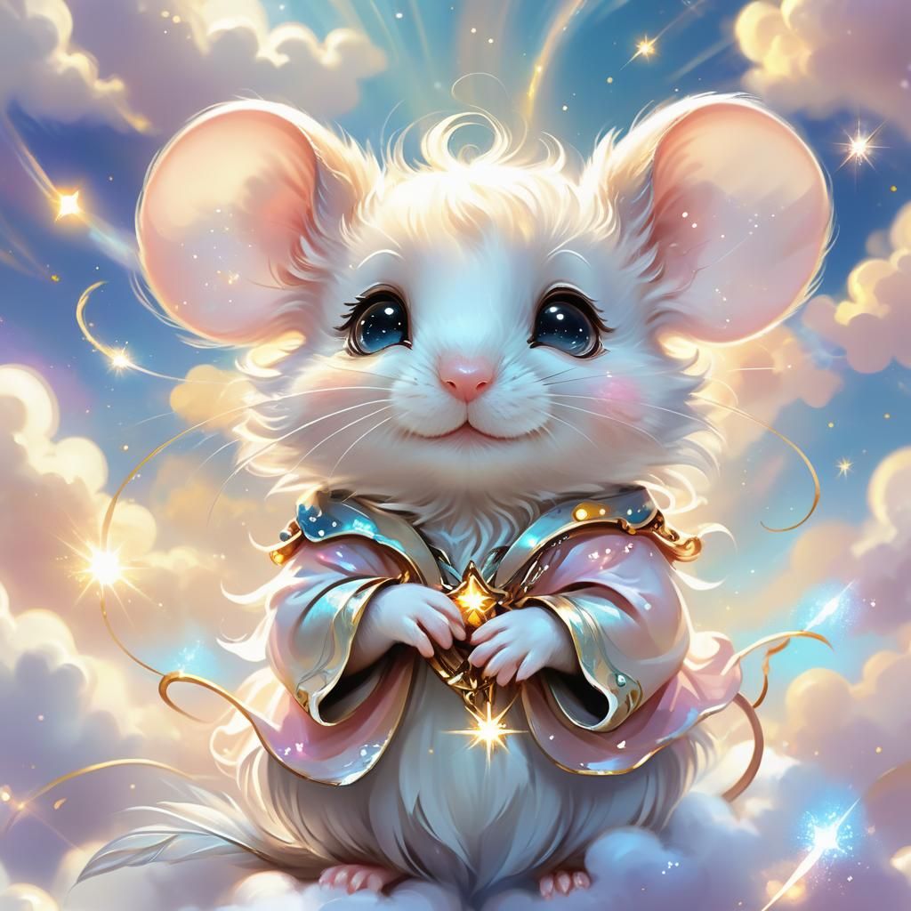 Celestial Chibi Mouse Portrait in Ethereal Fantasy Art