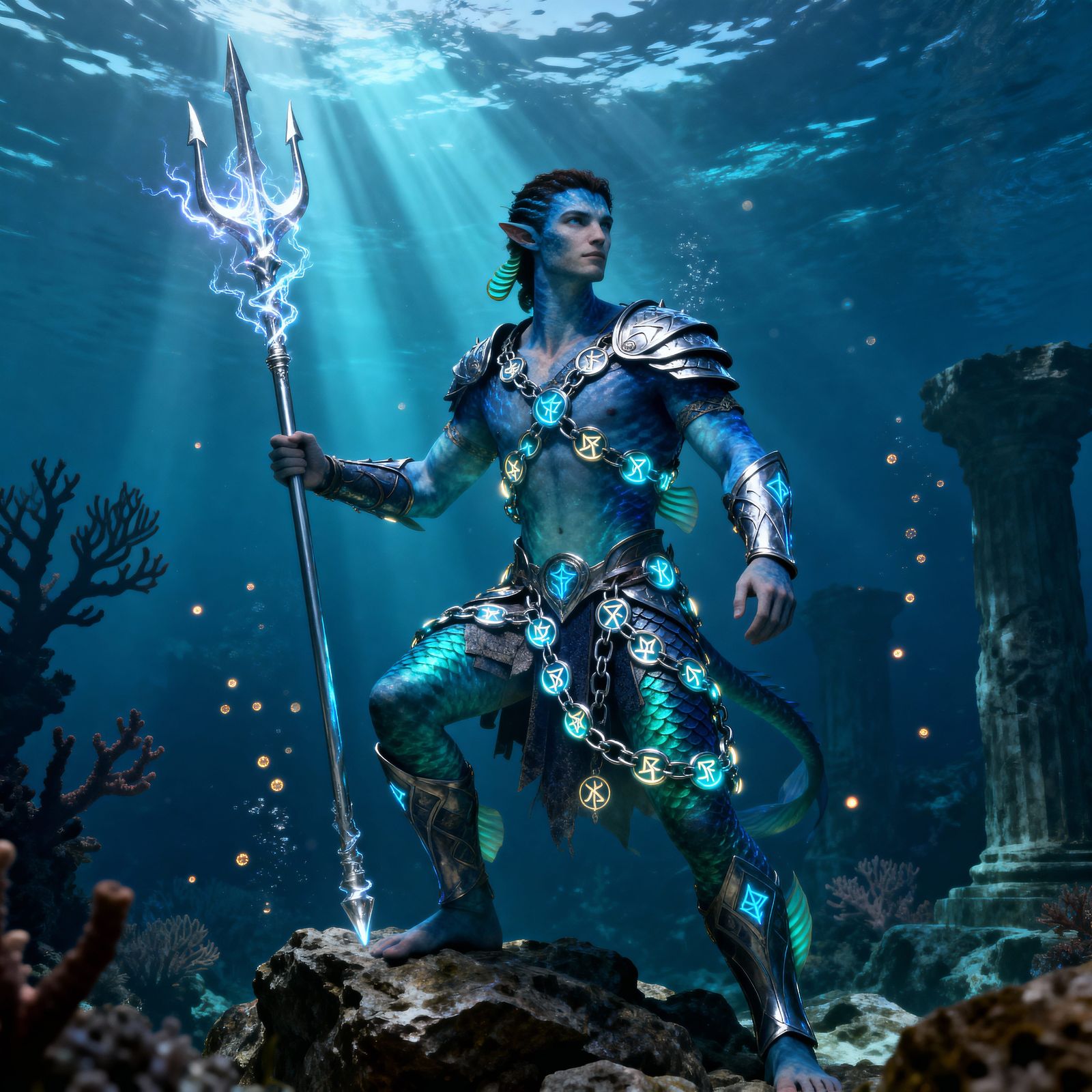 Naiad Warrior with Silver Trident in Underwater Realm