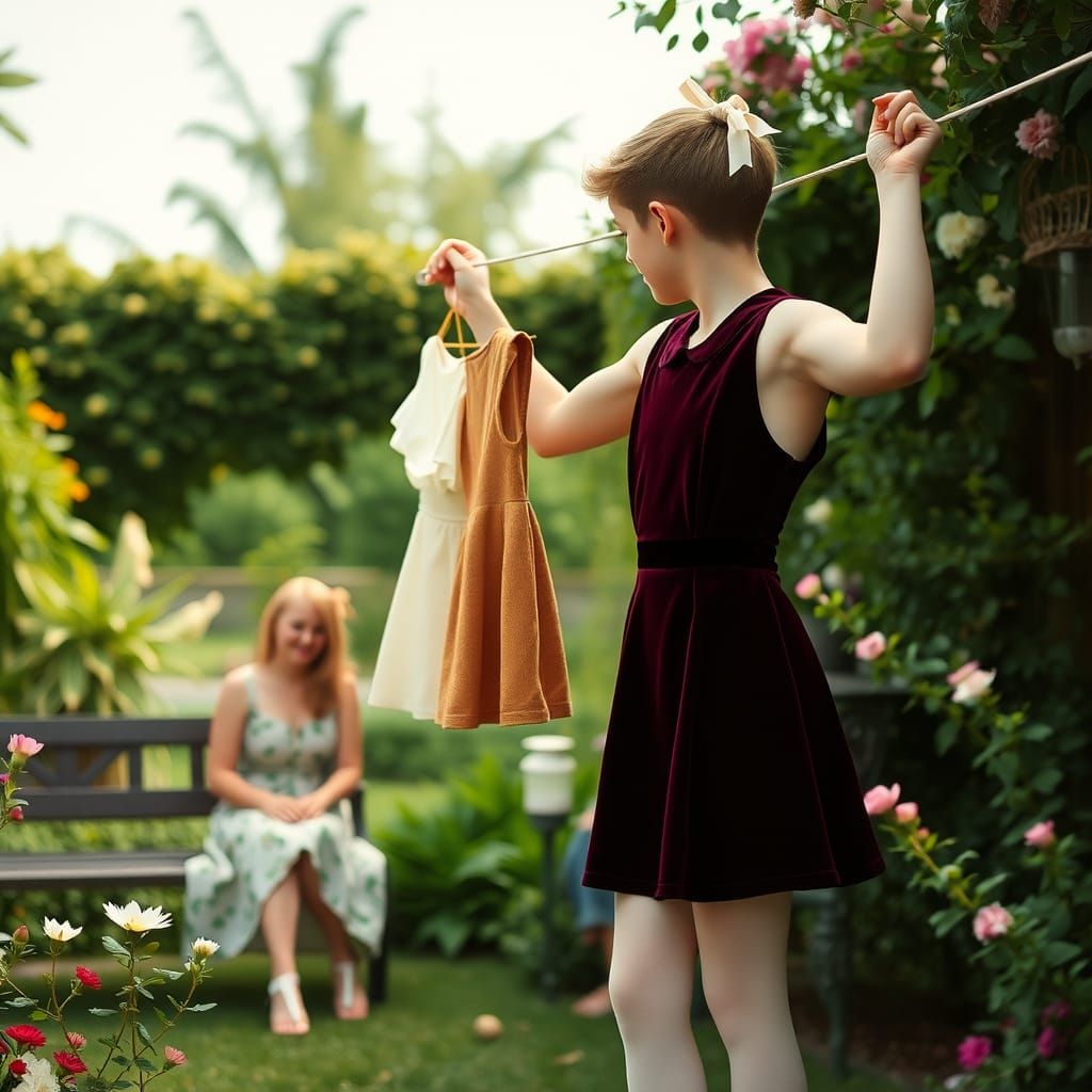 Boy in Dress in Garden, Dreamy Cinematic Style