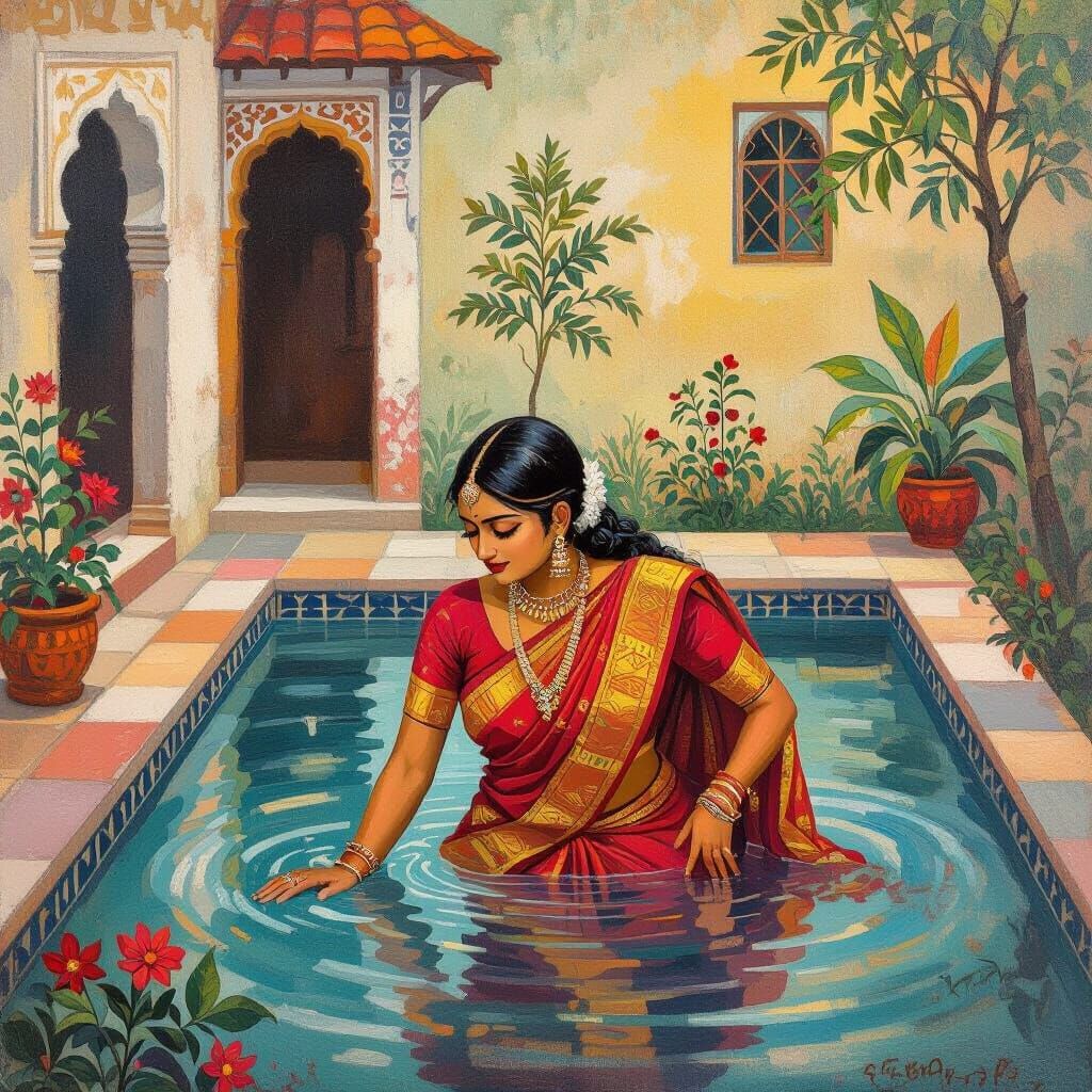 Bengali Woman Bathing in Courtyard as Tempera Art