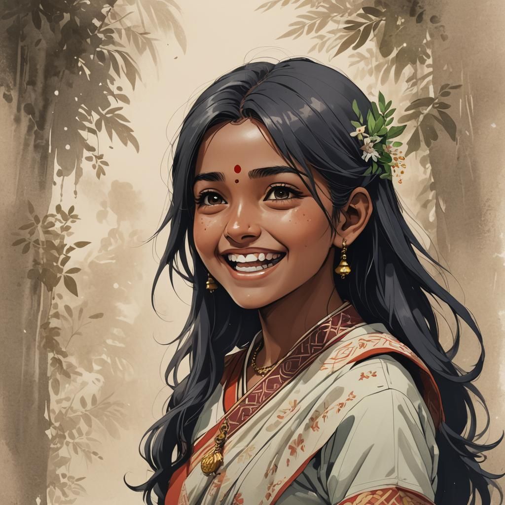 Giggling Indian Girl in Anime Style