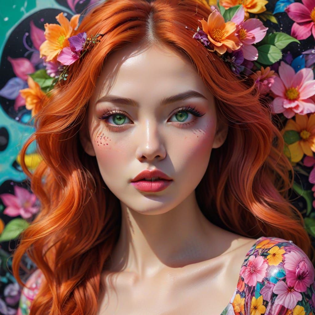 High Fashion Graffiti Art of Asian Woman with Neon Hair