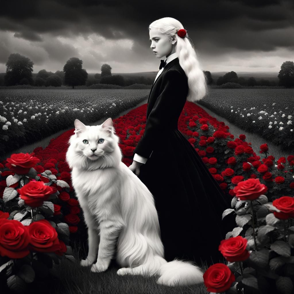 Albino Girl with Cat in Rose Field: Vintage Photo