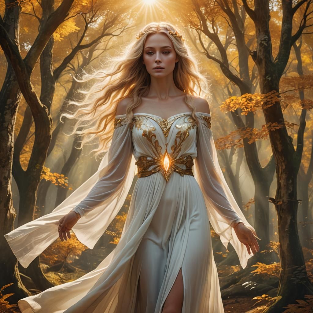 Autumn Goddess in Forest Clearing, Fantasy Concept Art