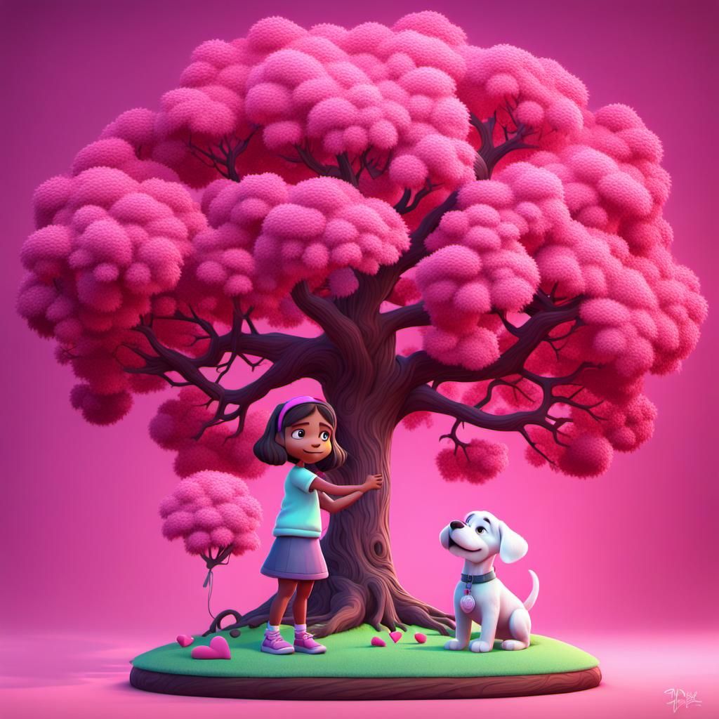 Girl with Puppy Near Valentine's Tree in 3D