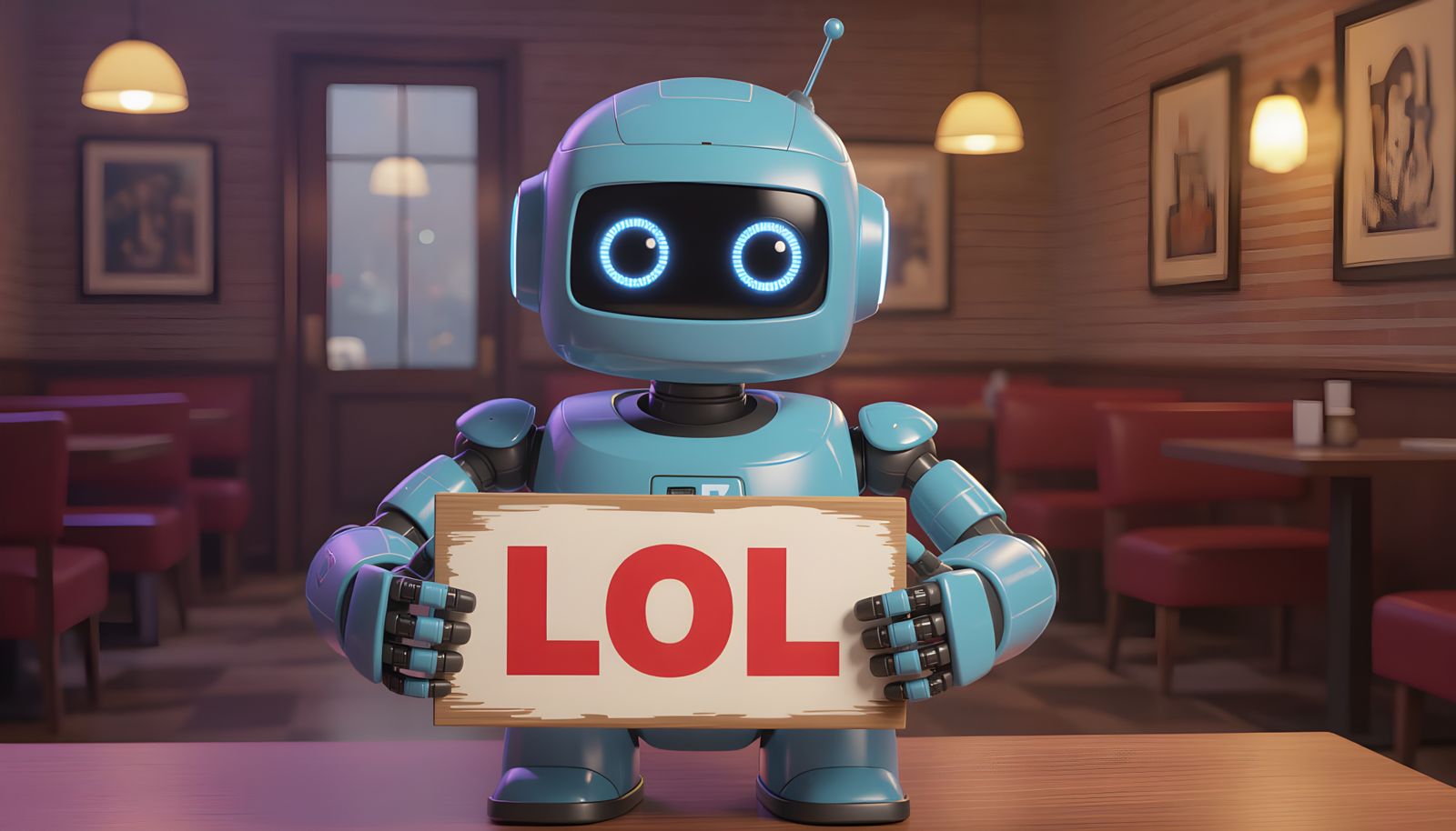 CGI Robot Delivers "LOL" Sign in Comedy Scene