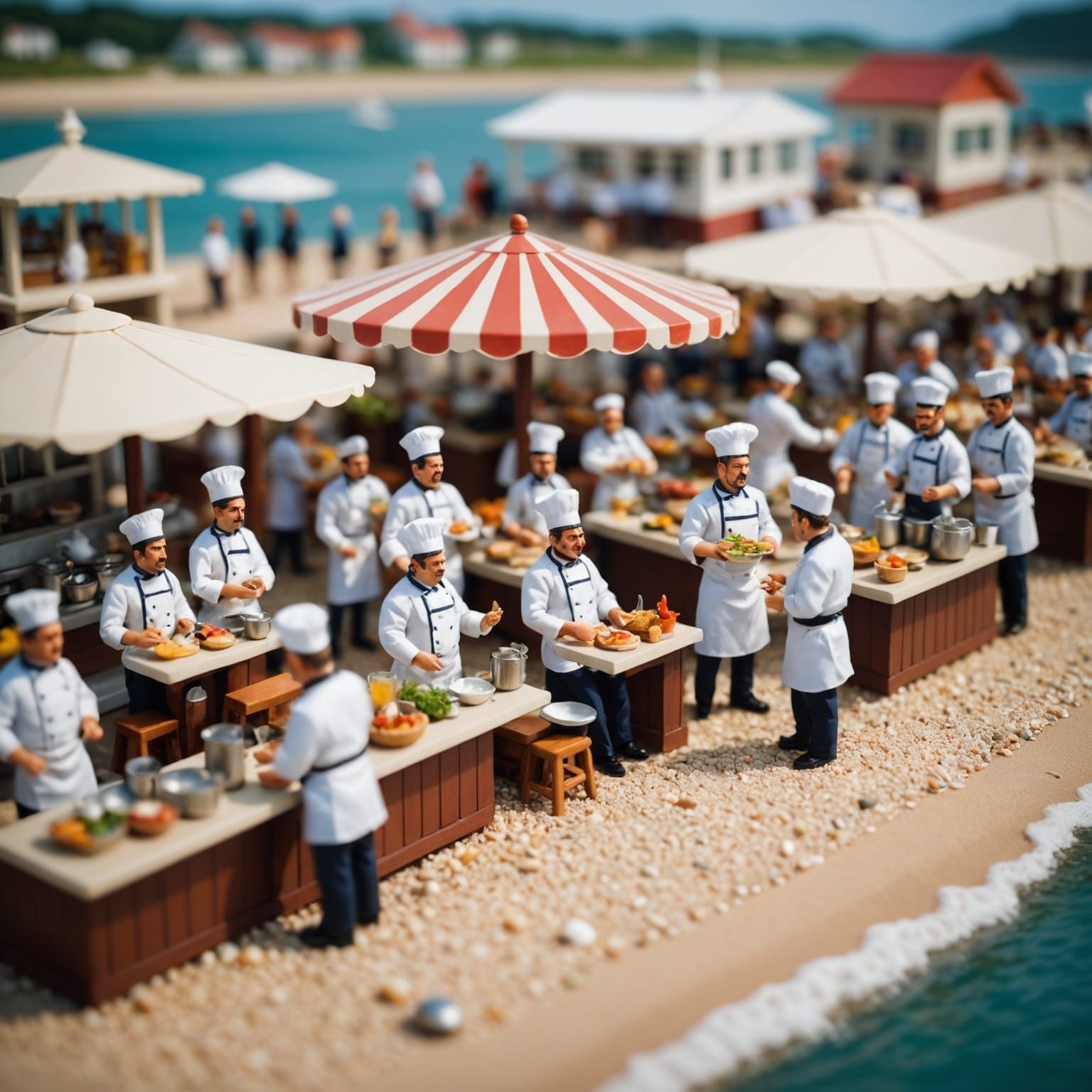 Miniature Tilt-Shift View of Seaside Restaurant Chefs