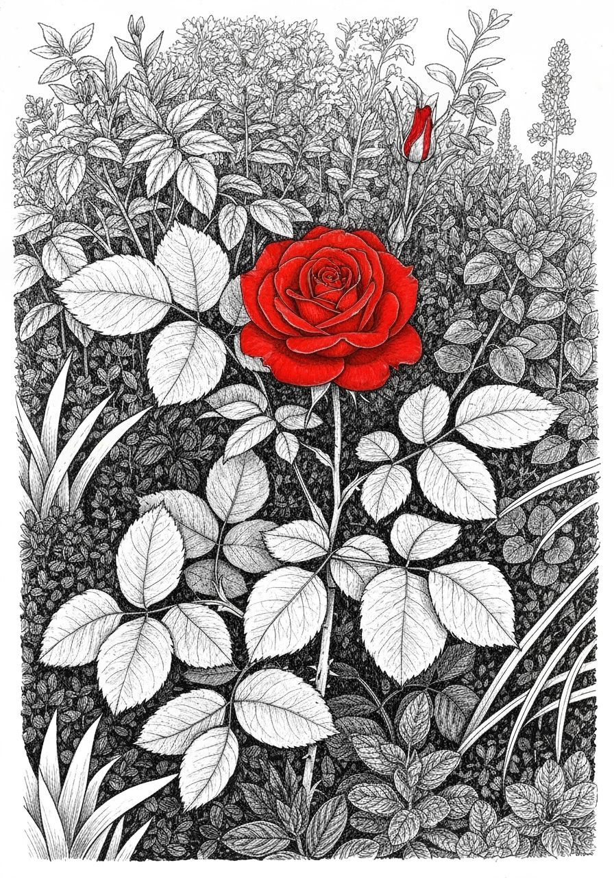 Black and white only ink drawing of a garden with one red ro...