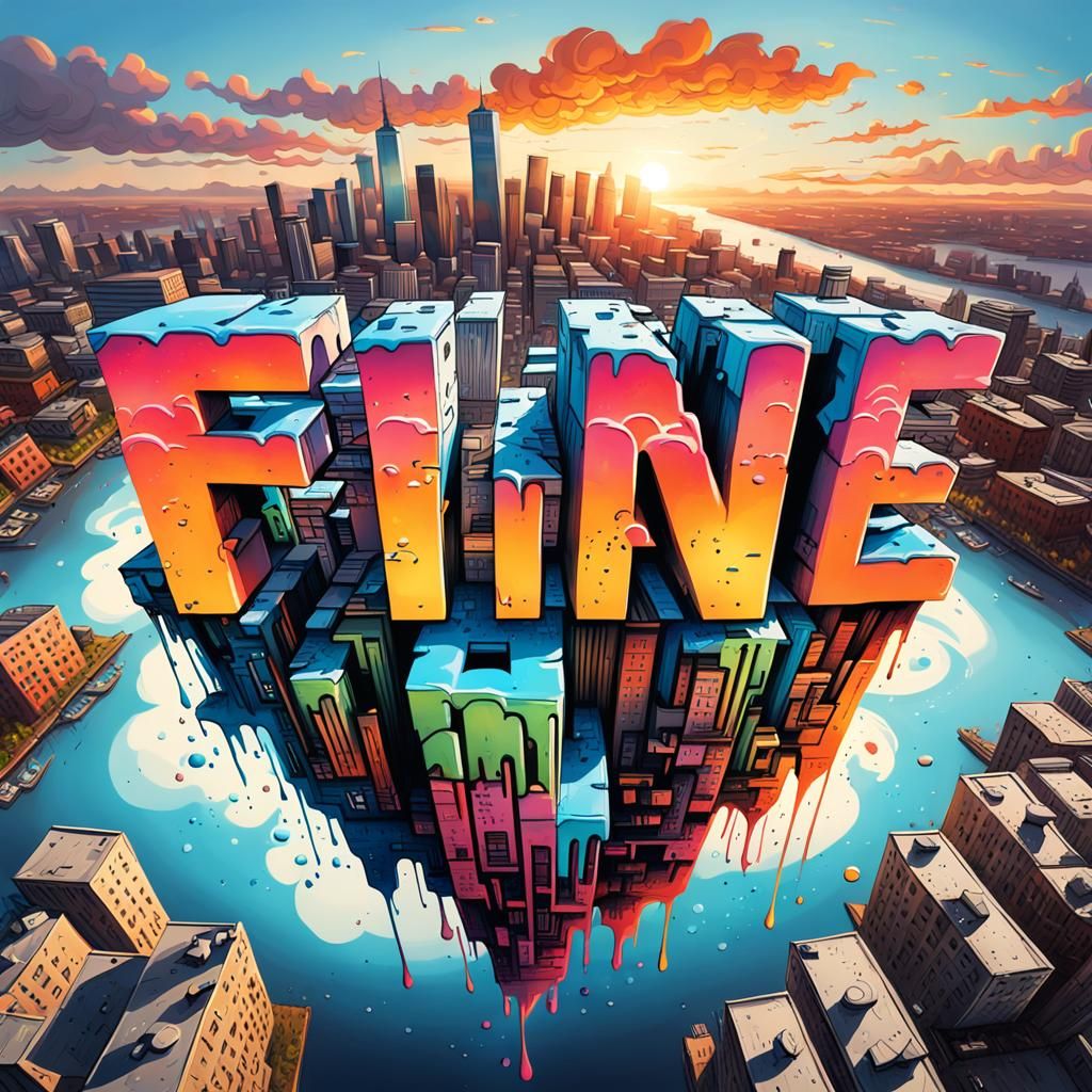 Graffiti Word Art: "FINE" Above City Sunset