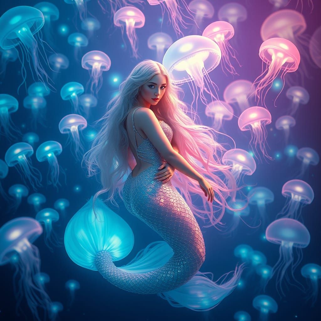 Luminescent Mermaid Portrait in a Bioluminescent Sea