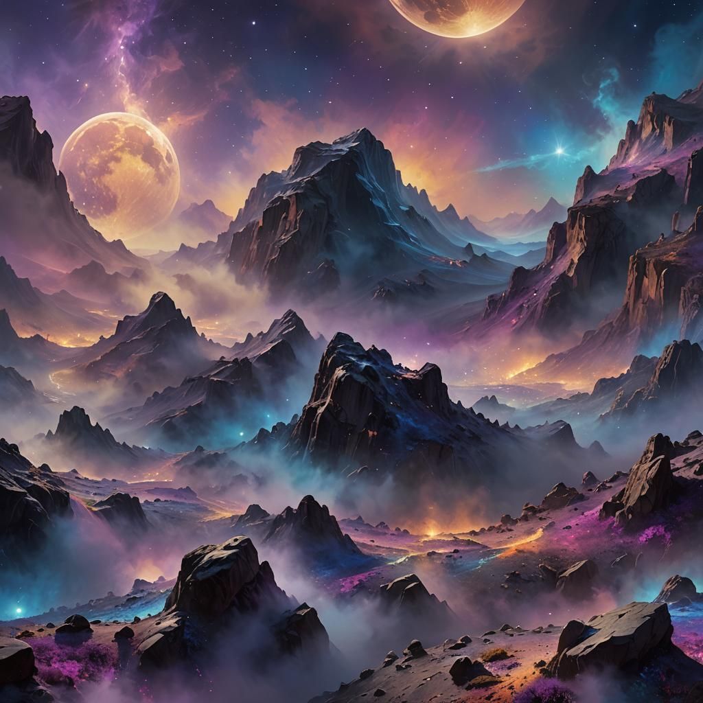 Ethereal Moonscape: Iridescent Mist on Lunar Surface