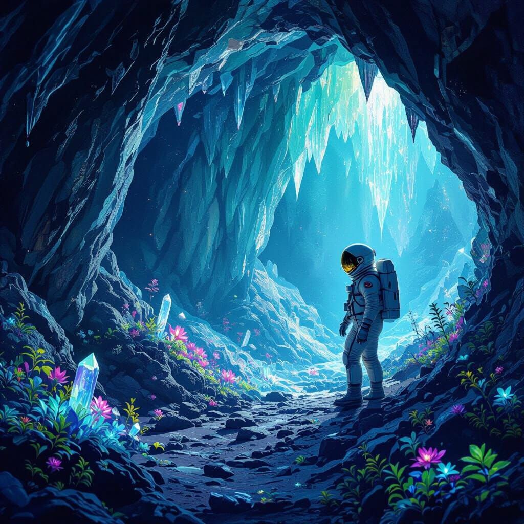Astronaut Explores Alien Cave with Bioluminescent Flora