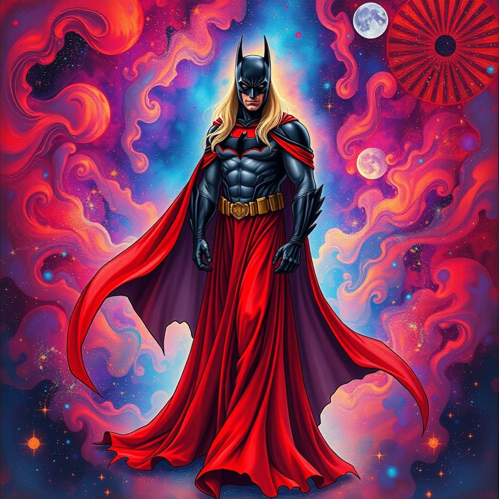 Batman in Elegant Red Evening Gown, Surrounded by Vibrant As...