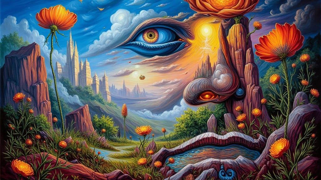 Surreal Giant Flowers in Fractal Landscape