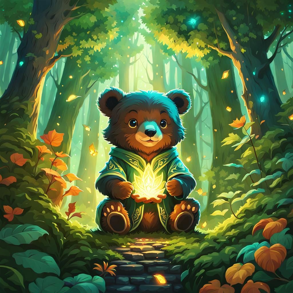 Chibi Bear Cleric Healer in Leafy Forest