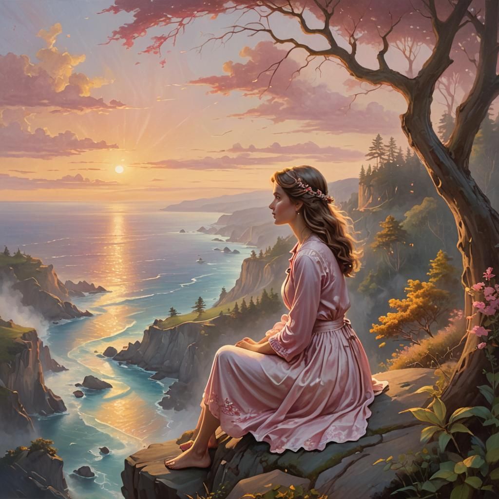 Ethereal Woman Observes Sunset Over Ocean as Oil Painting