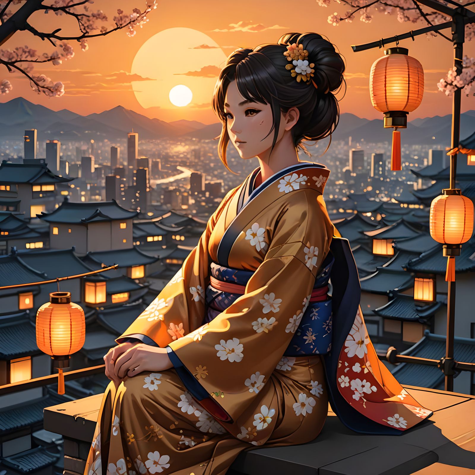 Japanese Cityscape from a Rooftop, Gayru Girl in Kimono, Ani...