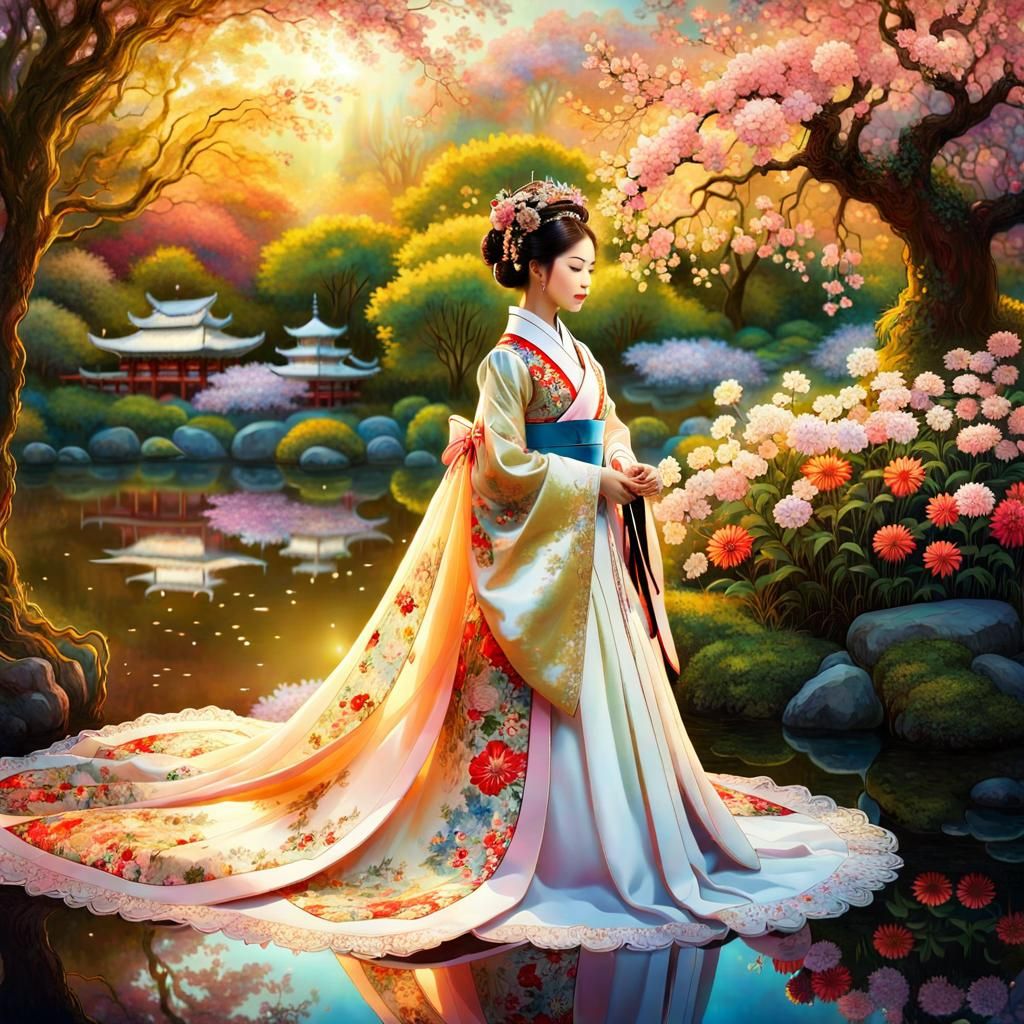 Japanese Bride in Blooming Garden, Fantasy Art