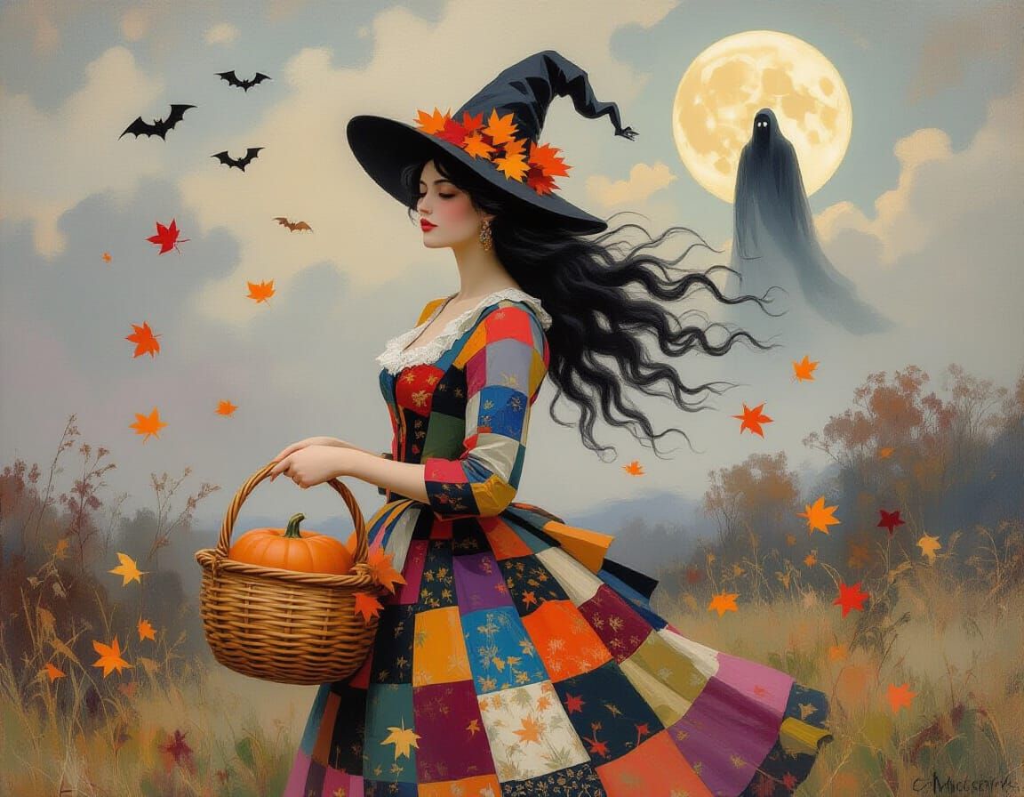 Mysterious Witch with Autumn Leaves and Ghostly Figure